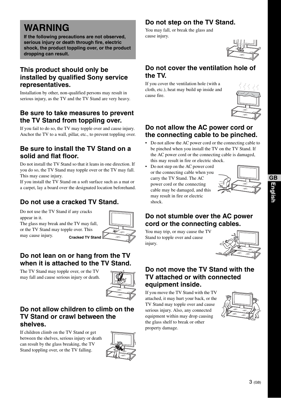 Warning, Do not step on the tv stand, Do not cover the ventilation hole of the tv | Sony SU-FL61 User Manual | Page 13 / 211