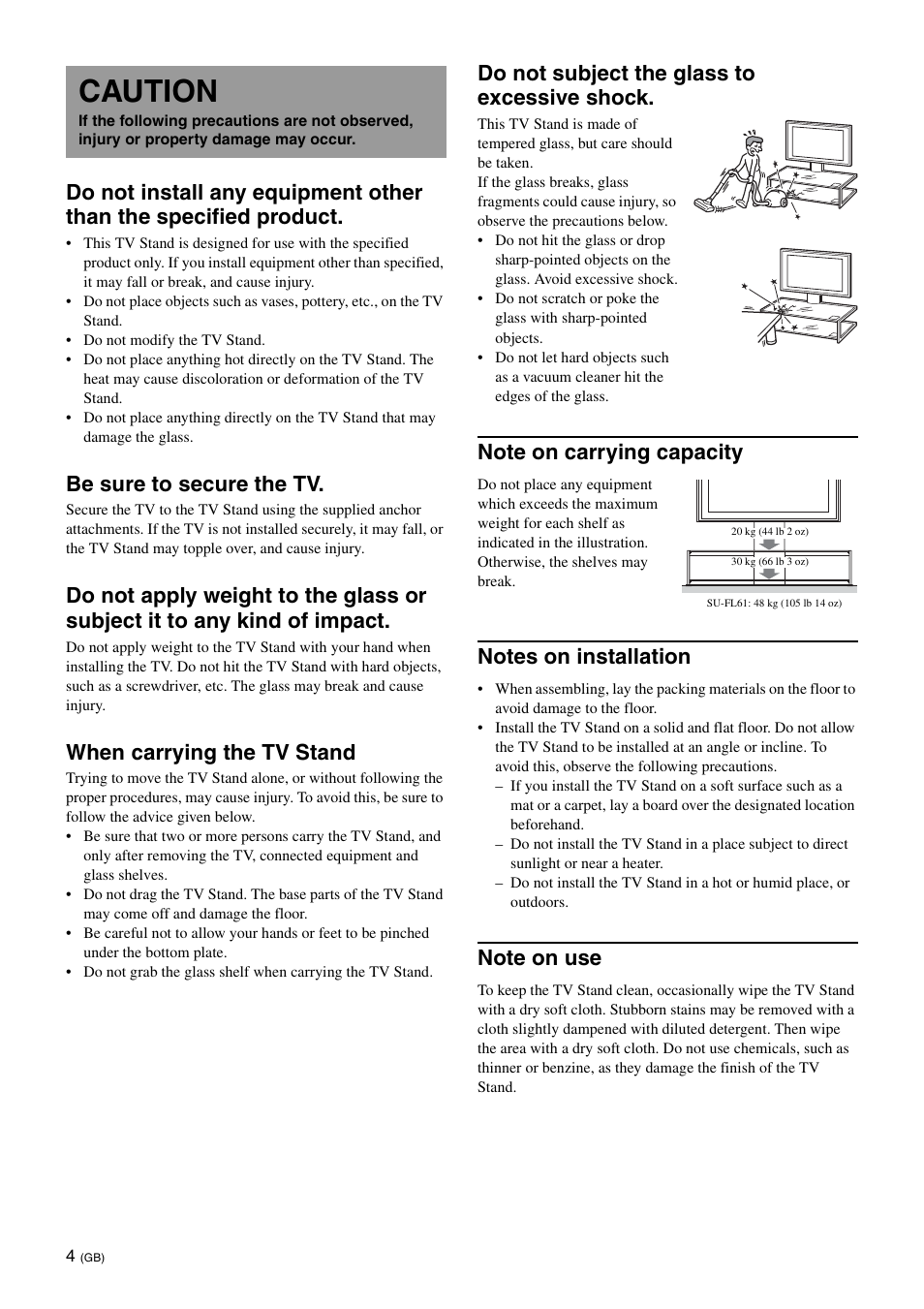 Caution, Be sure to secure the tv, When carrying the tv stand | Do not subject the glass to excessive shock | Sony SU-FL61 User Manual | Page 14 / 211