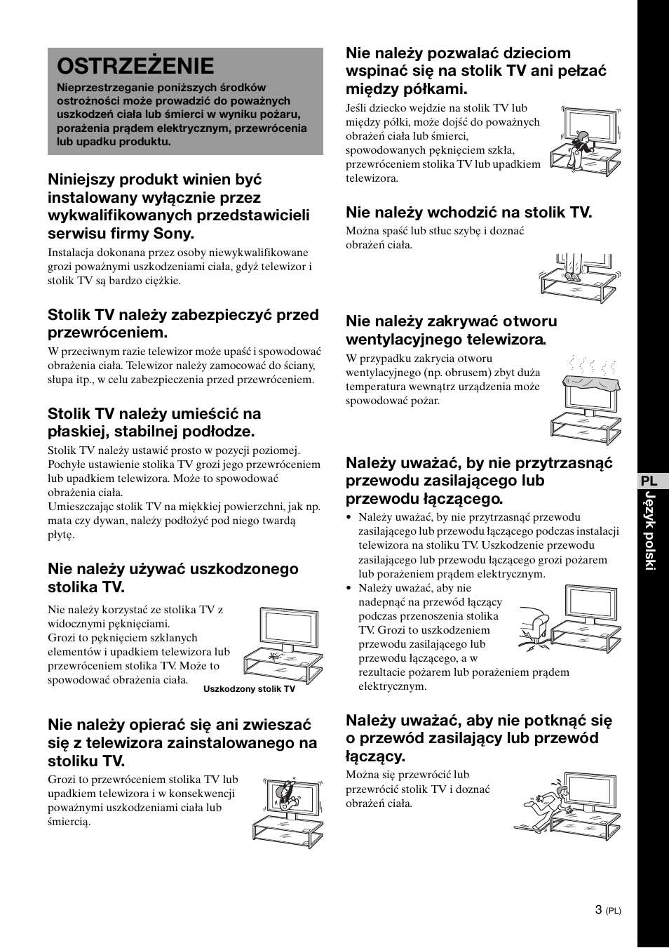Ostrzeżenie, Stolik tv należy zabezpieczyć przed przewróceniem, Nie należy wchodzić na stolik tv | Sony SU-FL61 User Manual | Page 143 / 211