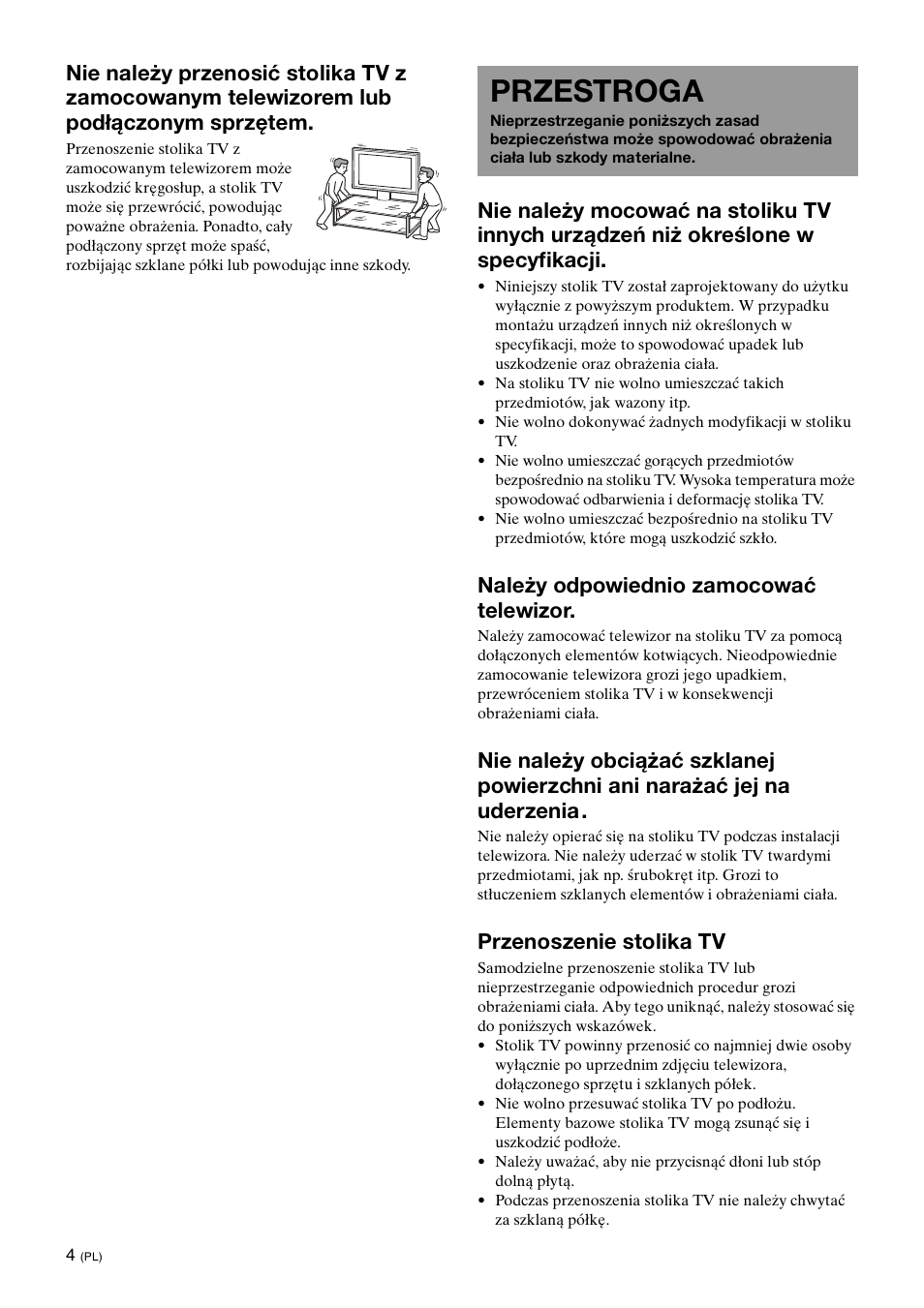 Przestroga, Należy odpowiednio zamocować telewizor, Przenoszenie stolika tv | Sony SU-FL61 User Manual | Page 144 / 211