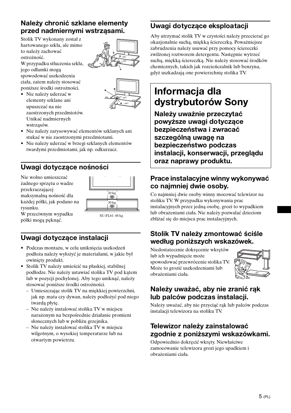 Informacja dla dystrybutorów sony, Uwagi dotyczące nośności, Uwagi dotyczące instalacji | Uwagi dotyczące eksploatacji | Sony SU-FL61 User Manual | Page 145 / 211