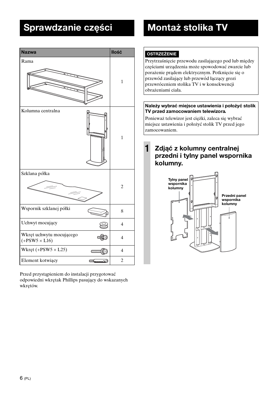 Sprawdzanie części, Montaż stolika tv | Sony SU-FL61 User Manual | Page 146 / 211