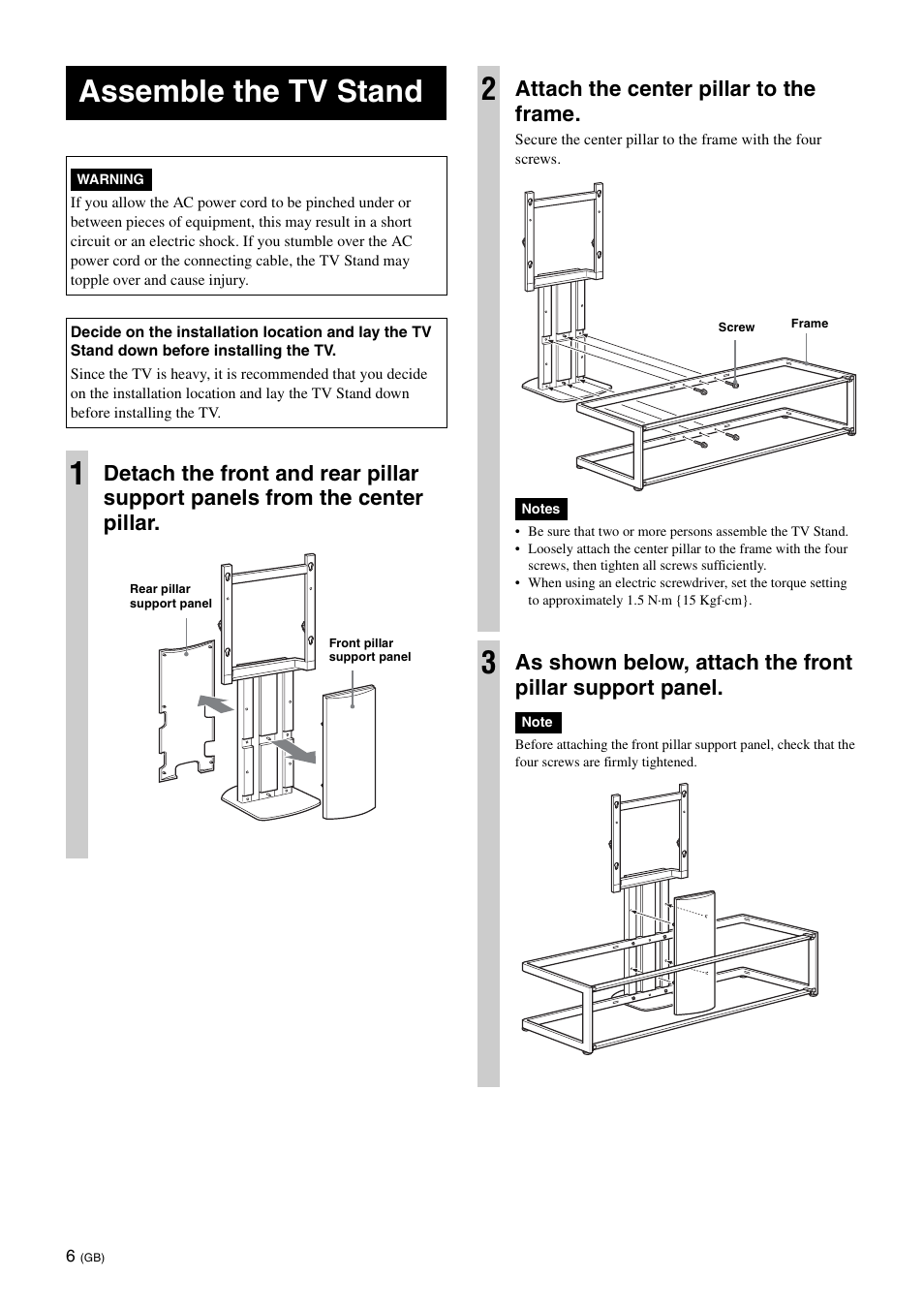 Assemble the tv stand, Attach the center pillar to the frame | Sony SU-FL61 User Manual | Page 16 / 211