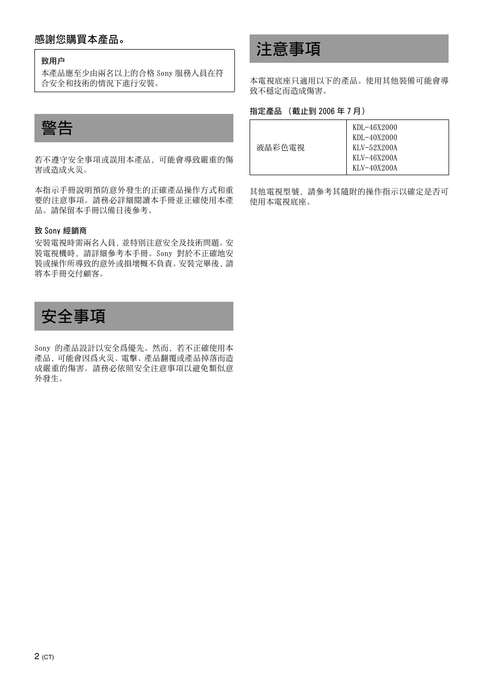 安全事項, 注意事項, 警告 安全事項 注意事項 | Sony SU-FL61 User Manual | Page 162 / 211