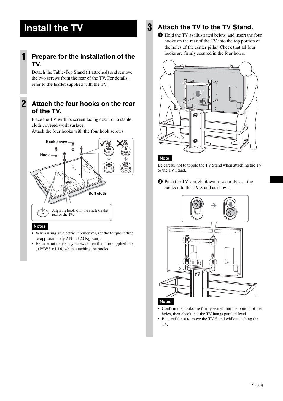 Install the tv, Install the tv 1, Prepare for the installation of the tv | Attach the four hooks on the rear of the tv, Attach the tv to the tv stand | Sony SU-FL61 User Manual | Page 17 / 211