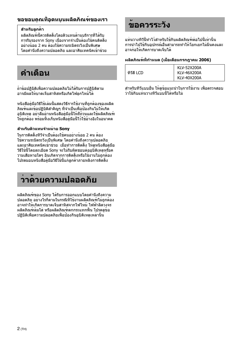 Warning, On safety, Caution | คำเตือน, ว่าด้วยความปลอดภัย, ข้อควรระวัง | Sony SU-FL61 User Manual | Page 172 / 211