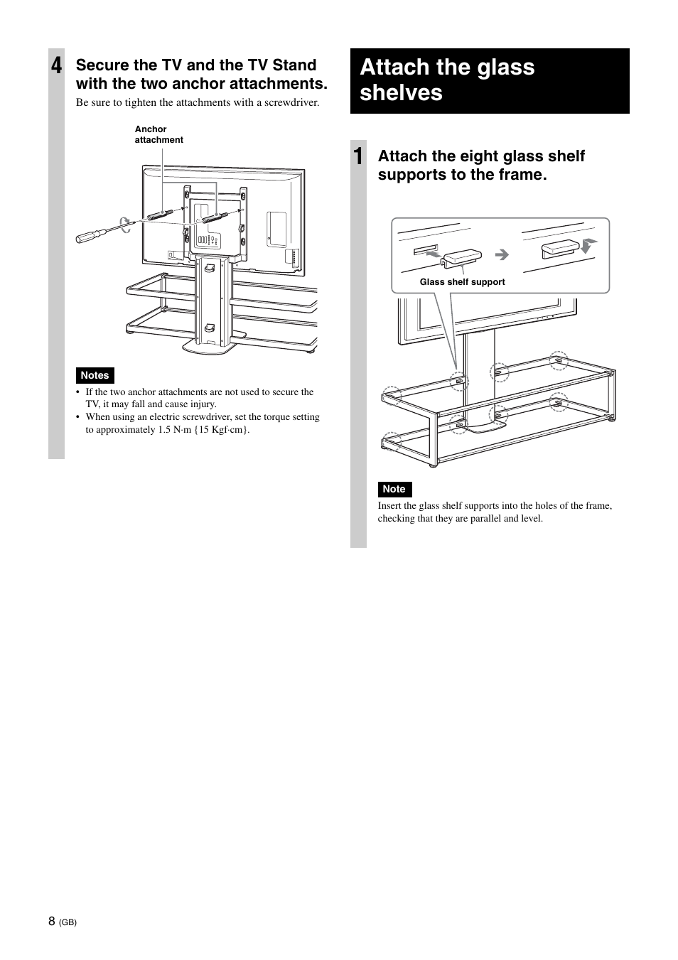 Attach the glass shelves, Attach the glass shelves 1, Attach the eight glass shelf supports to the frame | Sony SU-FL61 User Manual | Page 18 / 211