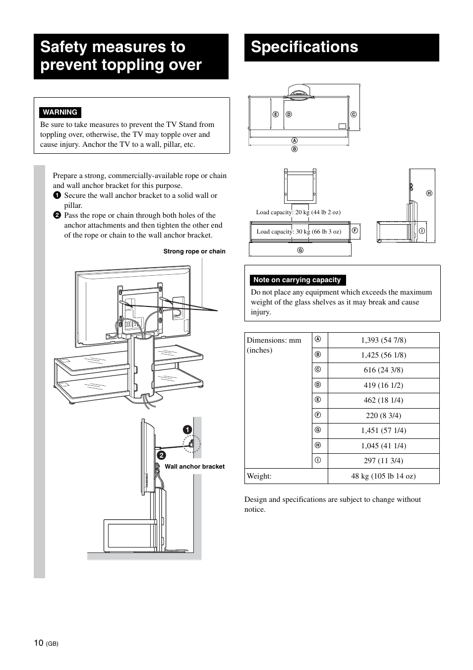 Safety measures to prevent toppling over, Specifications | Sony SU-FL61 User Manual | Page 20 / 211