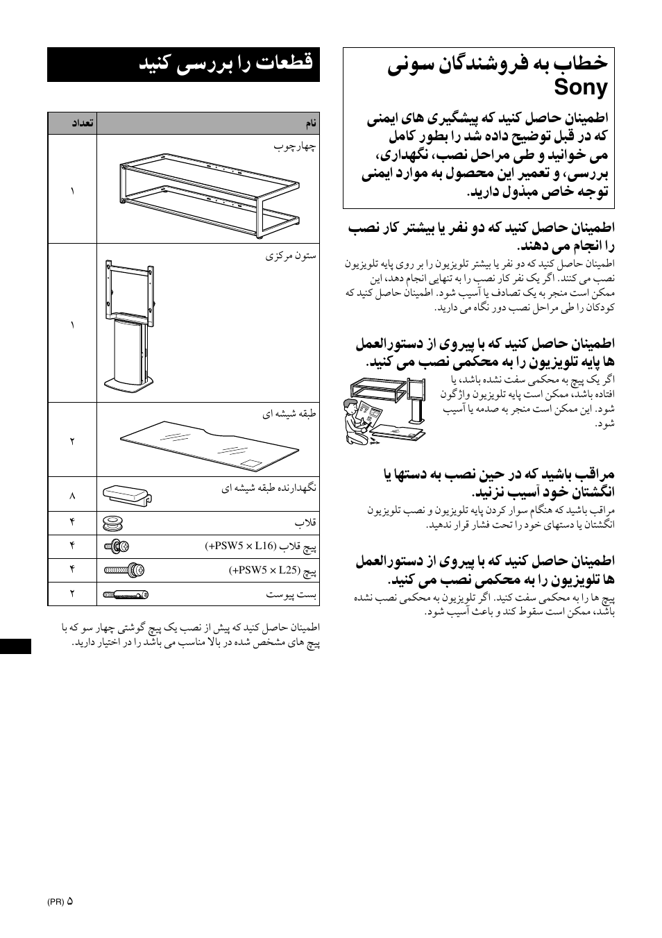 To sony dealers, Check the parts, ﺪﻴﻨﻛ ﯽﺳرﺮﺑ ار تﺎﻌﻄﻗ | ﯽﻧﻮﺳ نﺎﮔﺪﻨﺷوﺮﻓ ﻪﺑ بﺎﻄﺧ, Sony | Sony SU-FL61 User Manual | Page 208 / 211