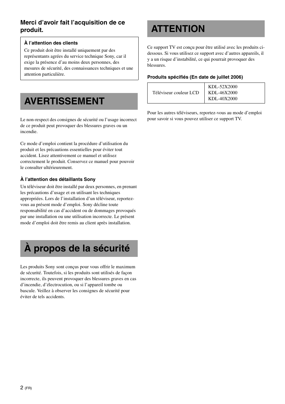 Avertissement, À propos de la sécurité, Attention | Avertissement à propos de la sécurité attention | Sony SU-FL61 User Manual | Page 22 / 211