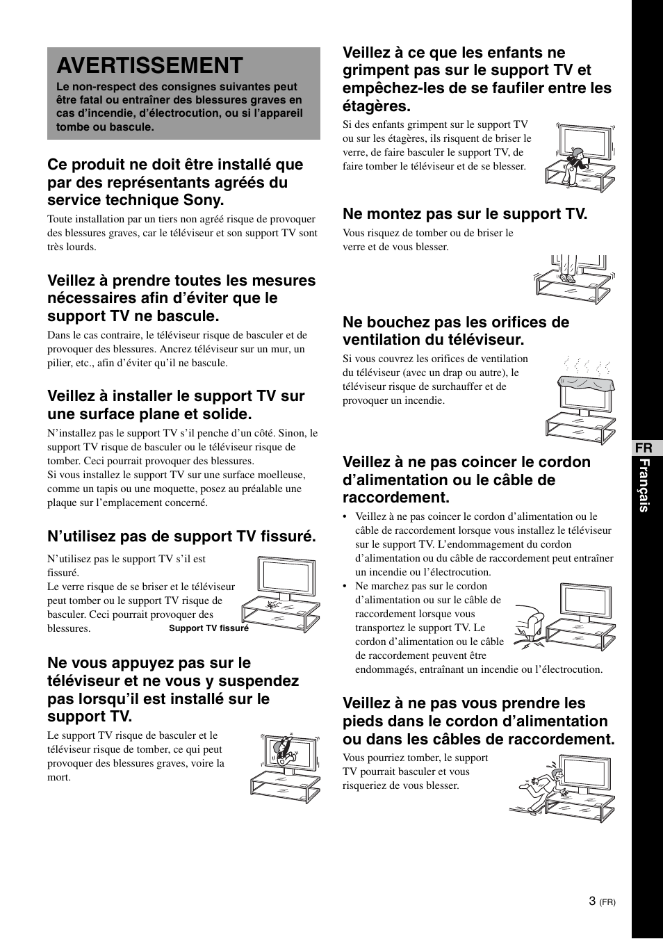 Avertissement, Ne montez pas sur le support tv | Sony SU-FL61 User Manual | Page 23 / 211