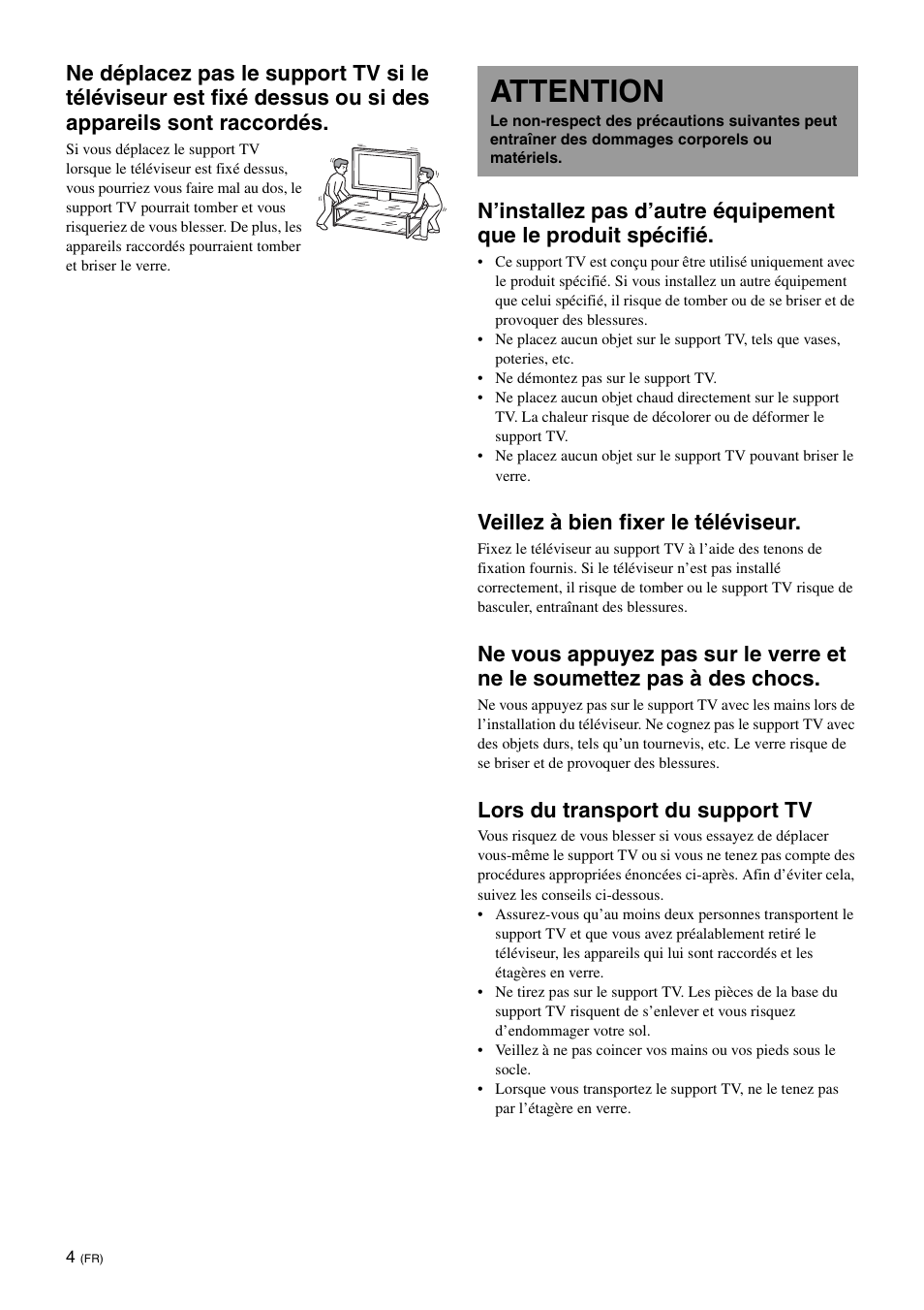 Attention, Veillez à bien fixer le téléviseur, Lors du transport du support tv | Sony SU-FL61 User Manual | Page 24 / 211