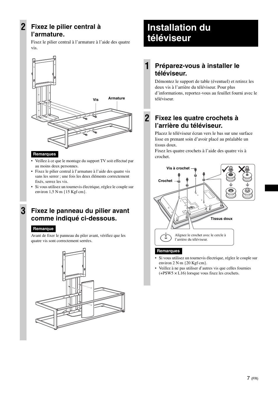 Installation du téléviseur, Installation du téléviseur 1, Fixez le pilier central à l’armature | Préparez-vous à installer le téléviseur | Sony SU-FL61 User Manual | Page 27 / 211