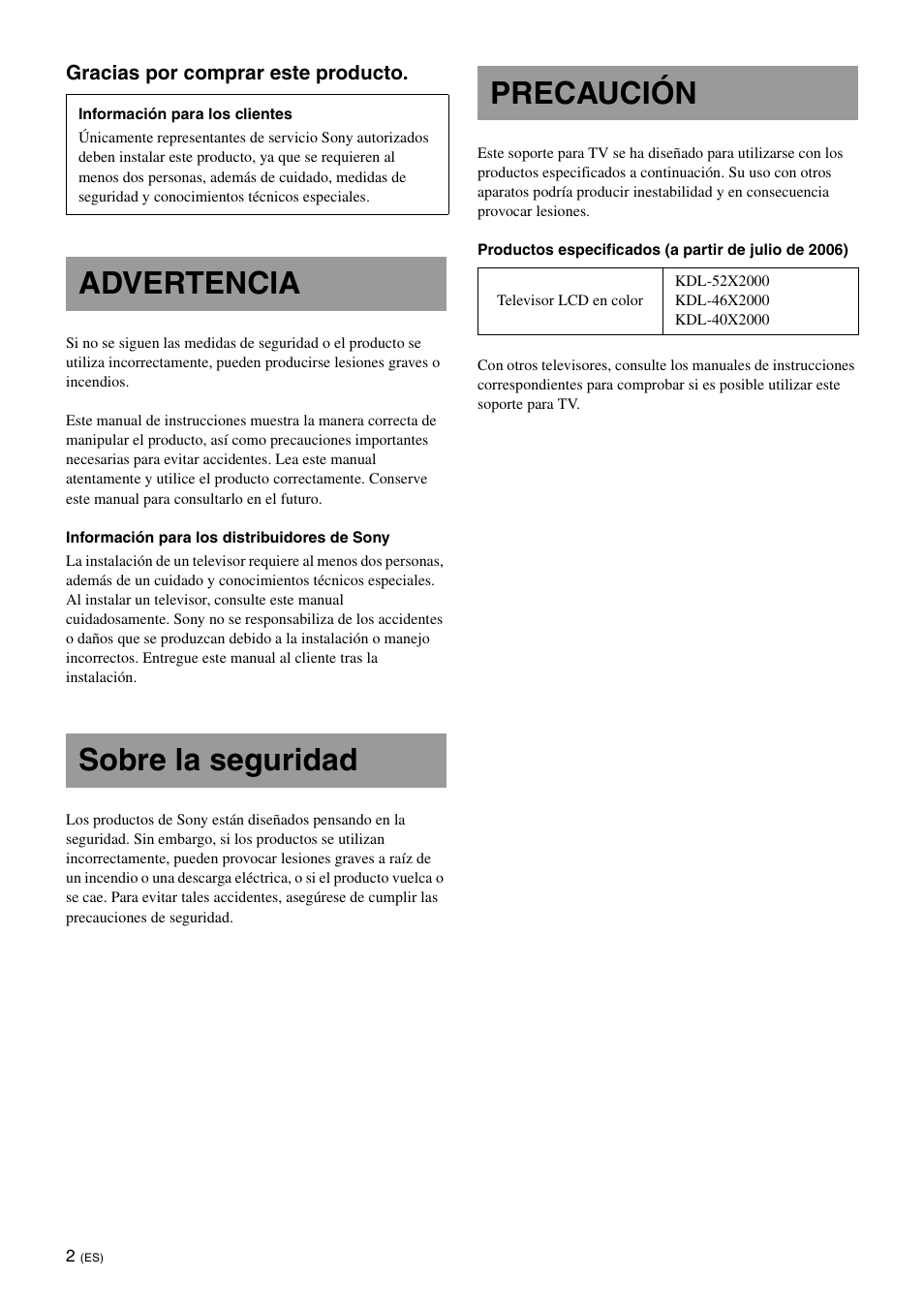 Advertencia, Sobre la seguridad, Precaución | Advertencia sobre la seguridad precaución | Sony SU-FL61 User Manual | Page 32 / 211