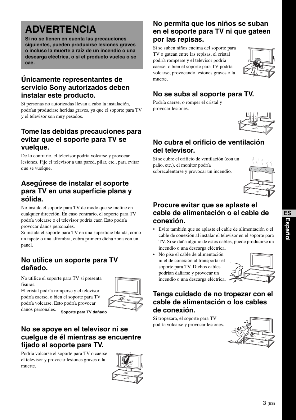 Advertencia, No se suba al soporte para tv, No cubra el orificio de ventilación del televisor | Sony SU-FL61 User Manual | Page 33 / 211