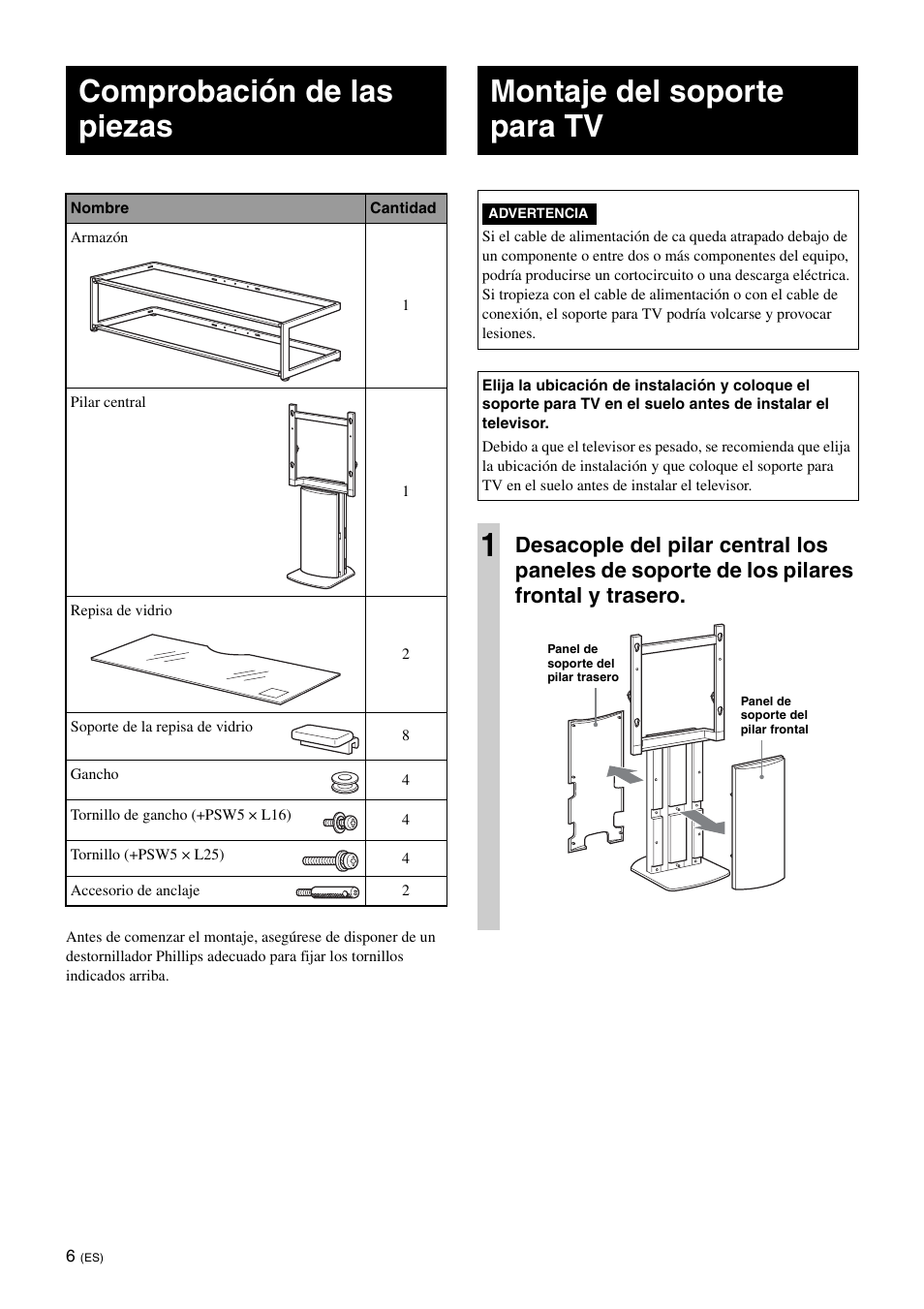 Comprobación de las piezas, Montaje del soporte para tv | Sony SU-FL61 User Manual | Page 36 / 211