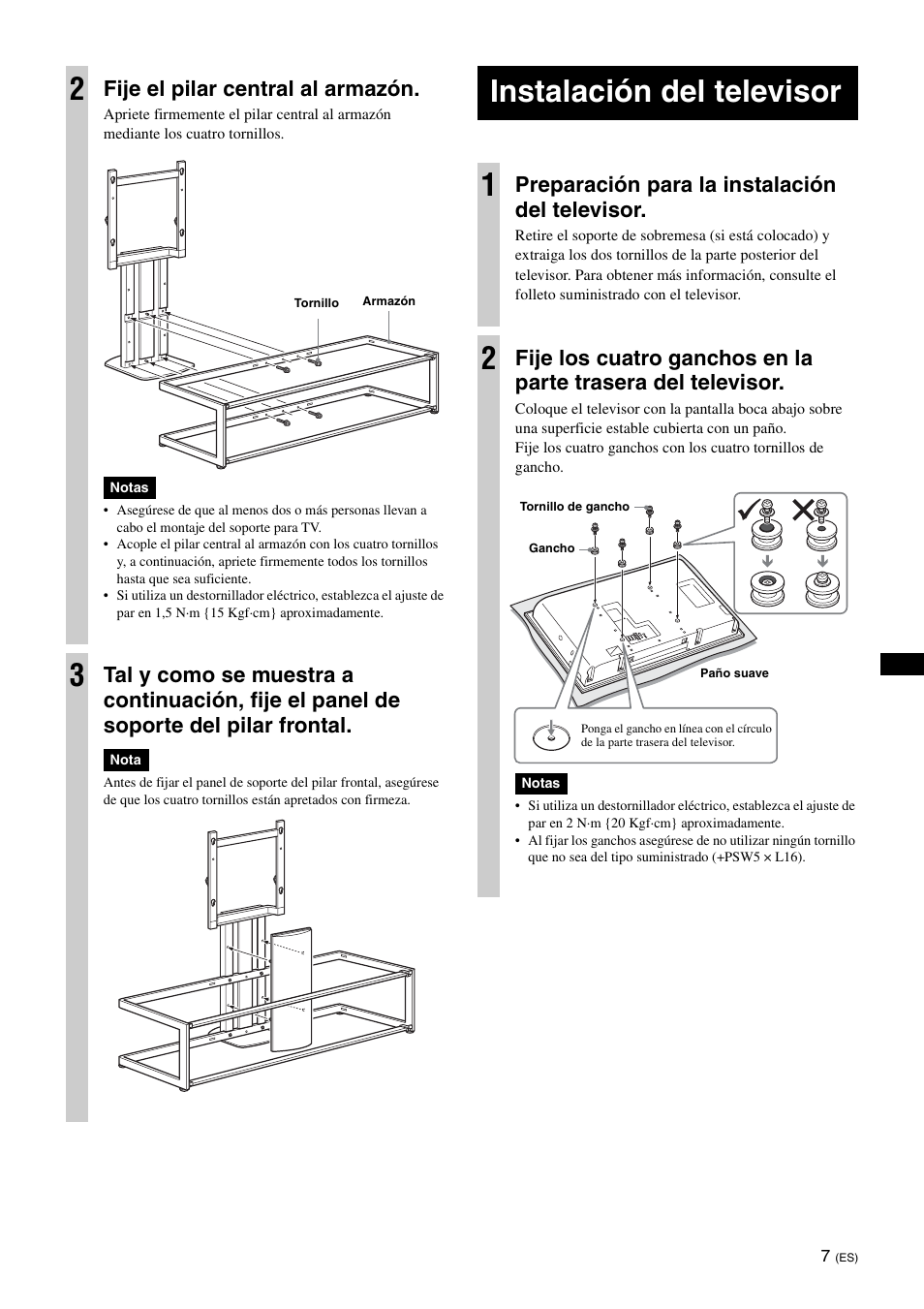 Instalación del televisor, Instalación del televisor 1, Fije el pilar central al armazón | Preparación para la instalación del televisor | Sony SU-FL61 User Manual | Page 37 / 211