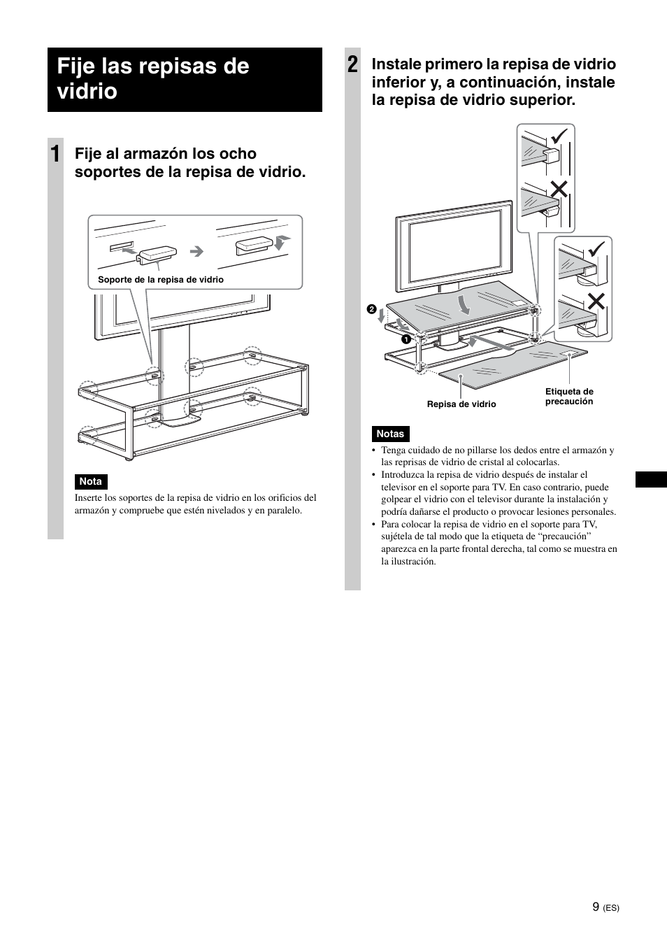 Fije las repisas de vidrio, Fije las repisas de vidrio 1 | Sony SU-FL61 User Manual | Page 39 / 211