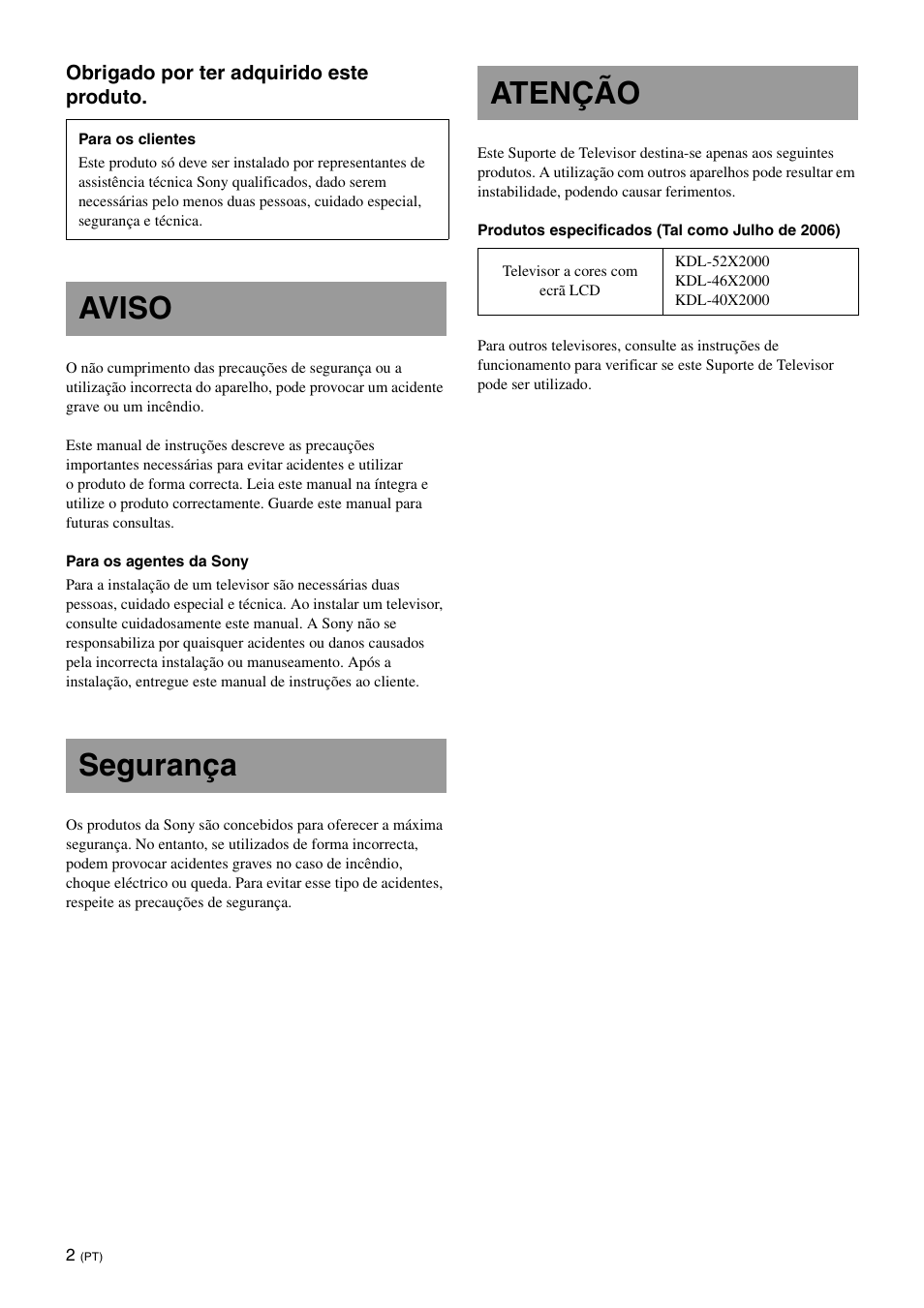 Aviso, Segurança, Atenção | Aviso segurança atenção | Sony SU-FL61 User Manual | Page 42 / 211