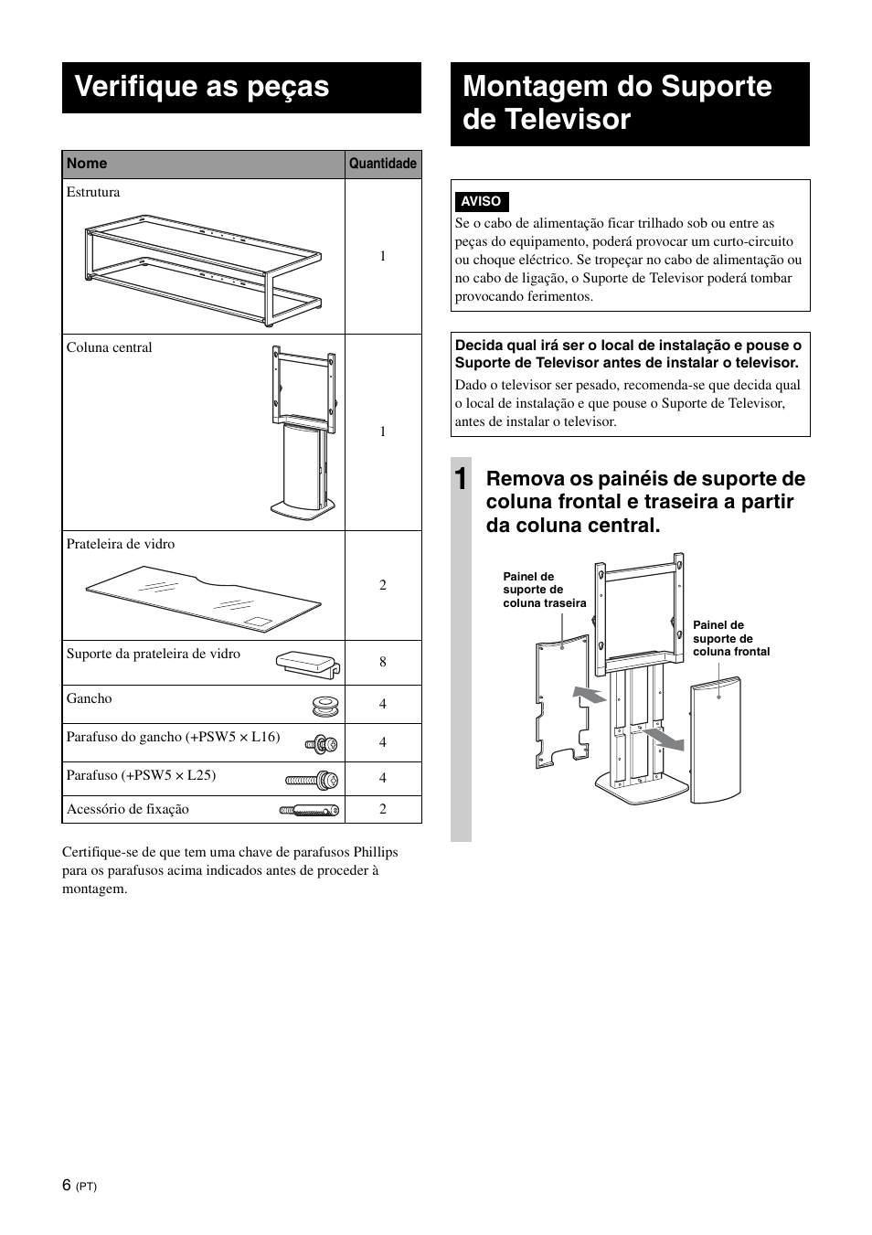 Verifique as peças, Montagem do suporte de televisor | Sony SU-FL61 User Manual | Page 46 / 211