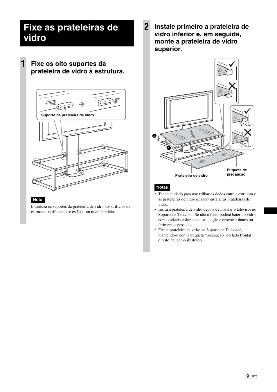 Fixe as prateleiras de vidro, Fixe as prateleiras de vidro 1 | Sony SU-FL61 User Manual | Page 49 / 211