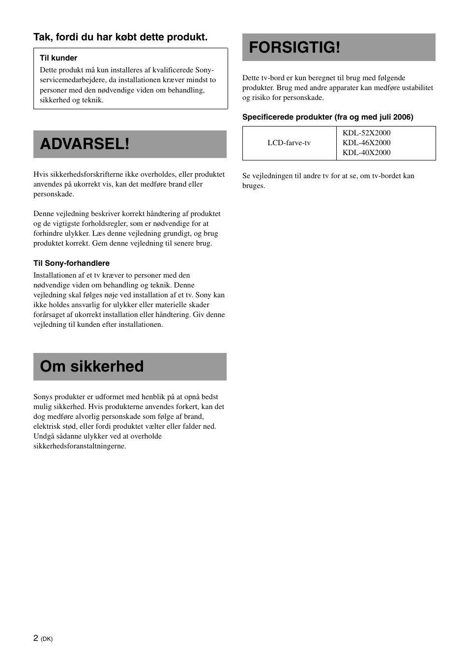 Advarsel, Om sikkerhed, Forsigtig | Advarsel! om sikkerhed forsigtig | Sony SU-FL61 User Manual | Page 52 / 211