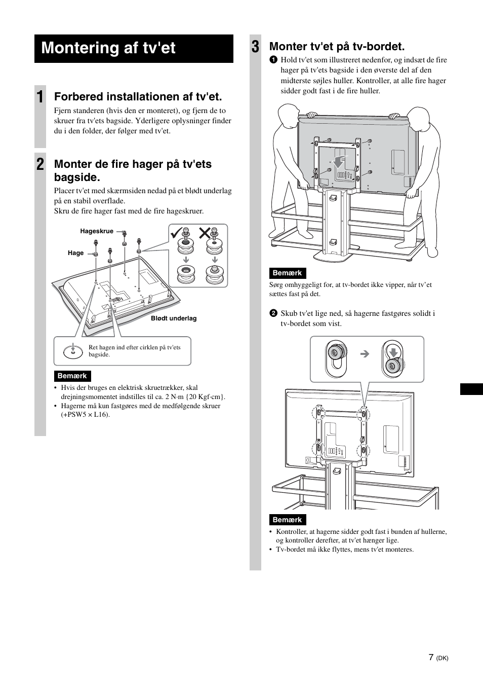 Montering af tv'et, Montering af tv'et 1, Forbered installationen af tv'et | Monter de fire hager på tv'ets bagside, Monter tv'et på tv-bordet | Sony SU-FL61 User Manual | Page 57 / 211