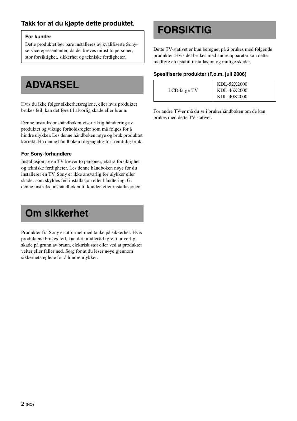 Advarsel, Om sikkerhet, Forsiktig | Advarsel om sikkerhet forsiktig | Sony SU-FL61 User Manual | Page 62 / 211