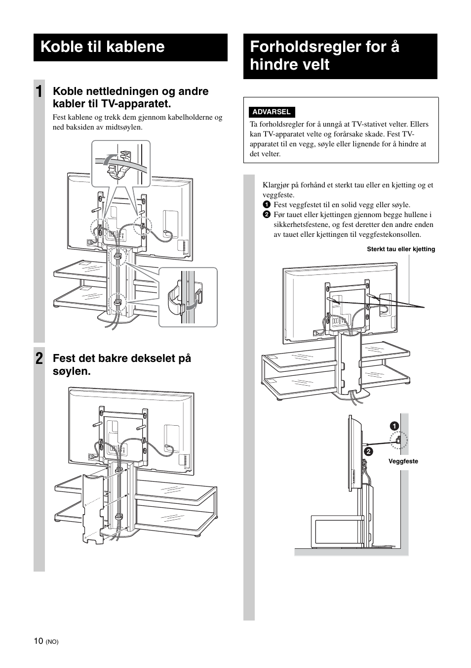 Koble til kablene, Forholdsregler for å hindre velt, Koble til kablene 1 | Sony SU-FL61 User Manual | Page 70 / 211