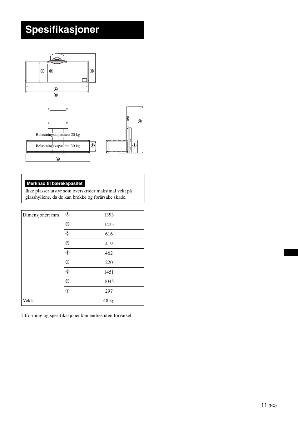 Spesifikasjoner | Sony SU-FL61 User Manual | Page 71 / 211