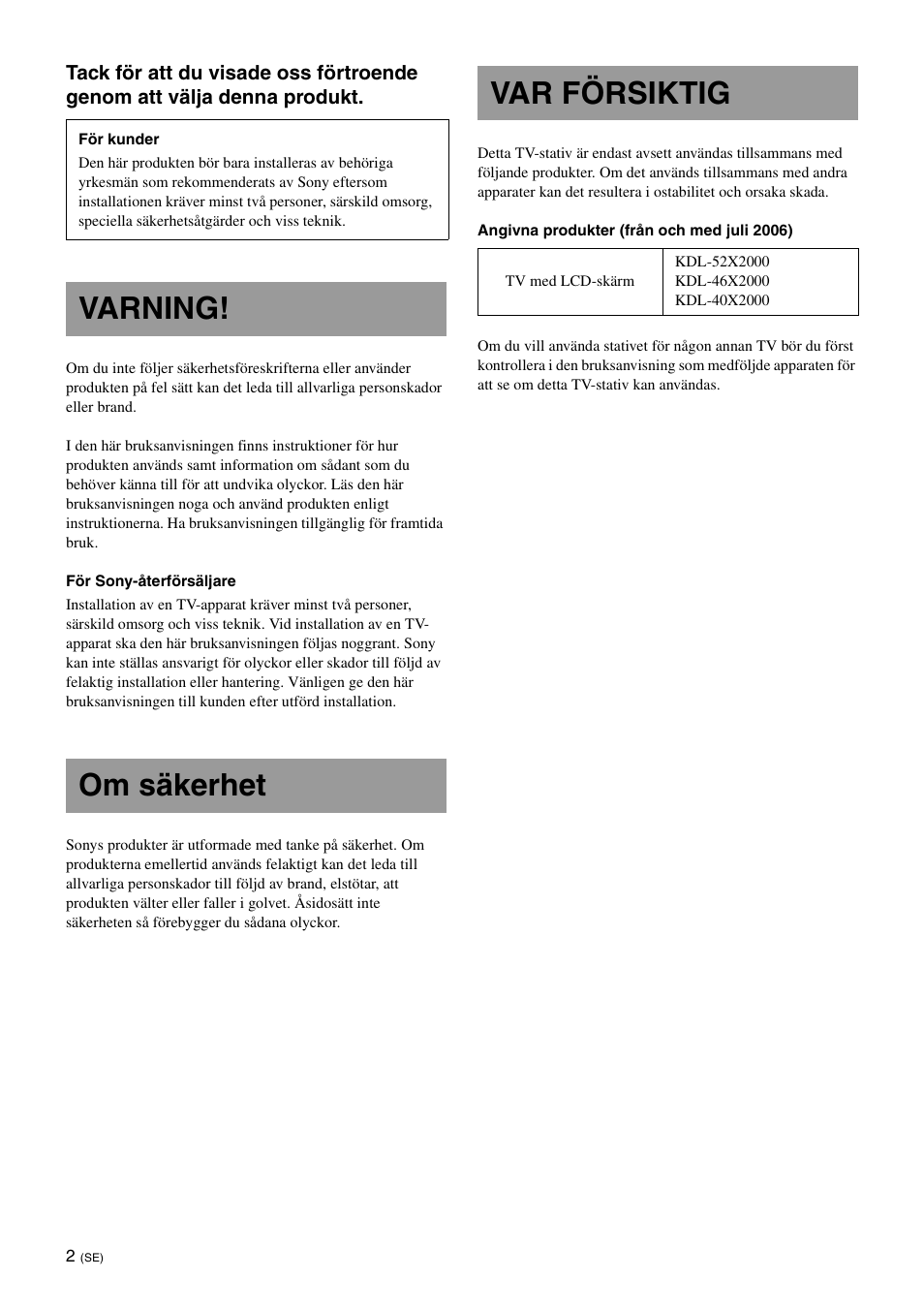 Varning, Om säkerhet, Var försiktig | Varning! om säkerhet var försiktig | Sony SU-FL61 User Manual | Page 72 / 211