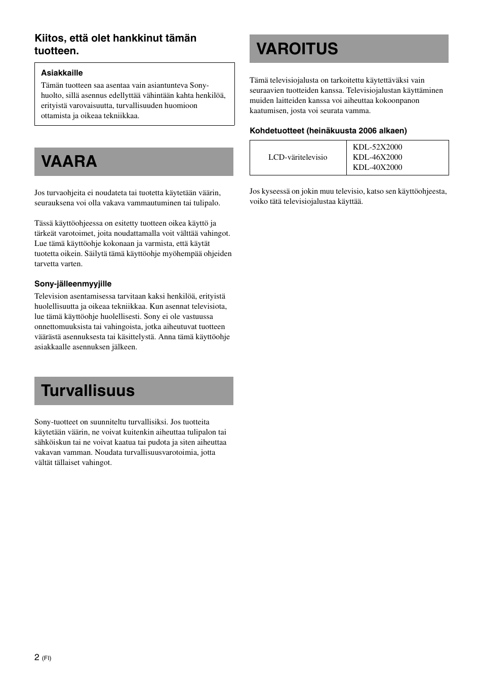 Vaara, Turvallisuus, Varoitus | Vaara turvallisuus varoitus | Sony SU-FL61 User Manual | Page 82 / 211