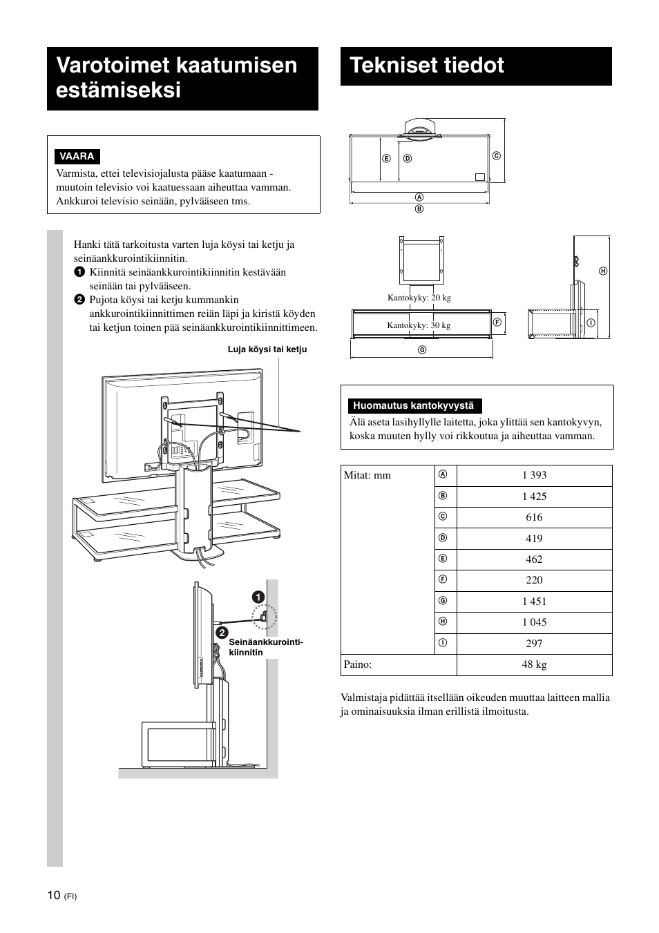 Varotoimet kaatumisen estämiseksi, Tekniset tiedot | Sony SU-FL61 User Manual | Page 90 / 211