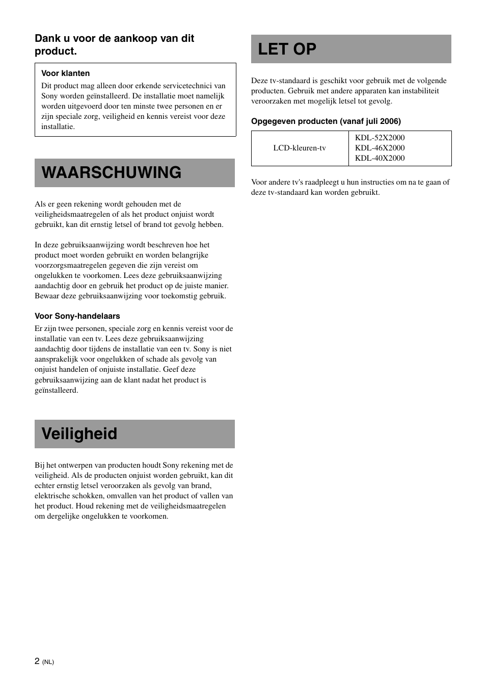 Waarschuwing, Veiligheid, Let op | Waarschuwing veiligheid let op | Sony SU-FL61 User Manual | Page 92 / 211