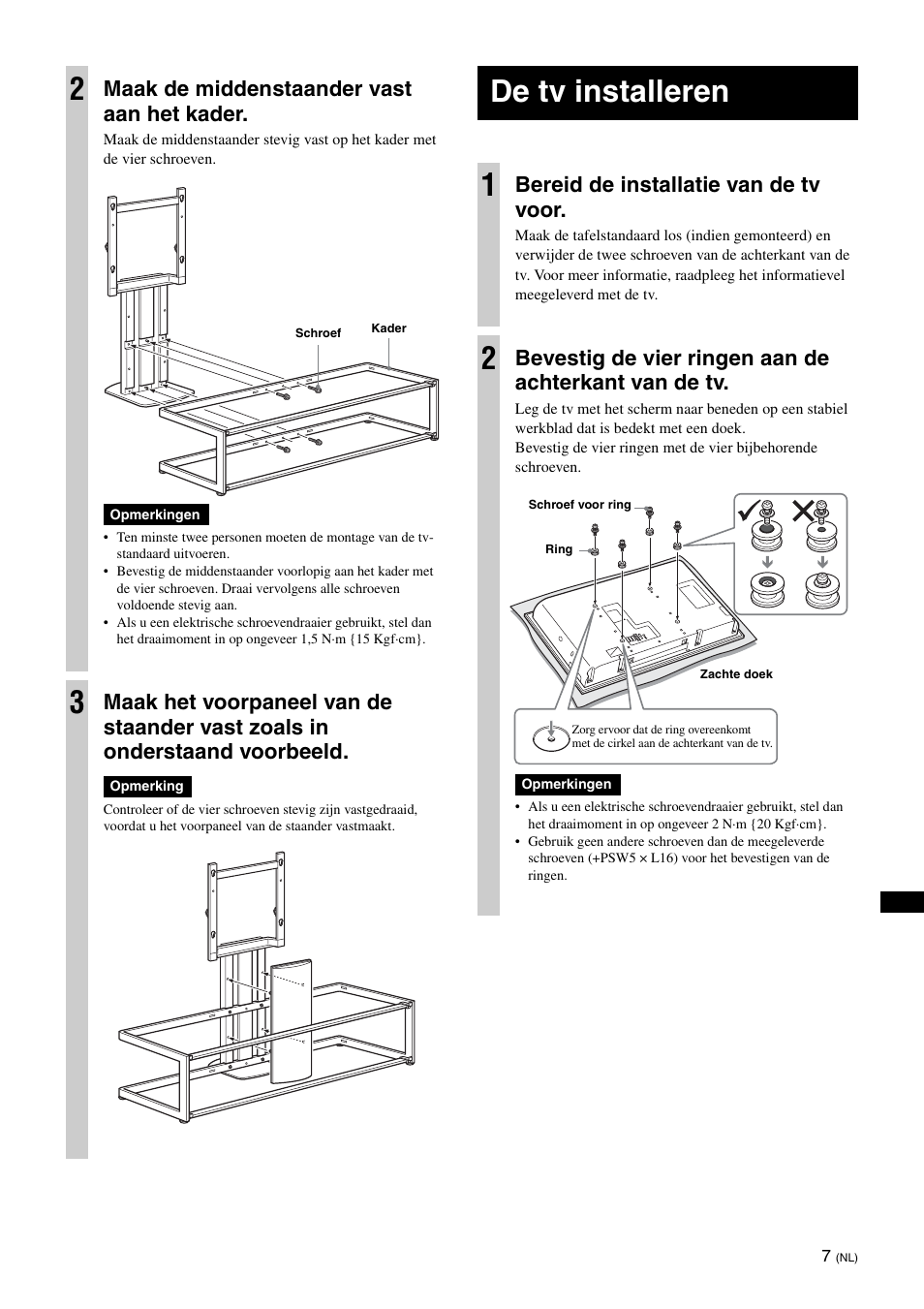 De tv installeren, De tv installeren 1, Maak de middenstaander vast aan het kader | Bereid de installatie van de tv voor | Sony SU-FL61 User Manual | Page 97 / 211