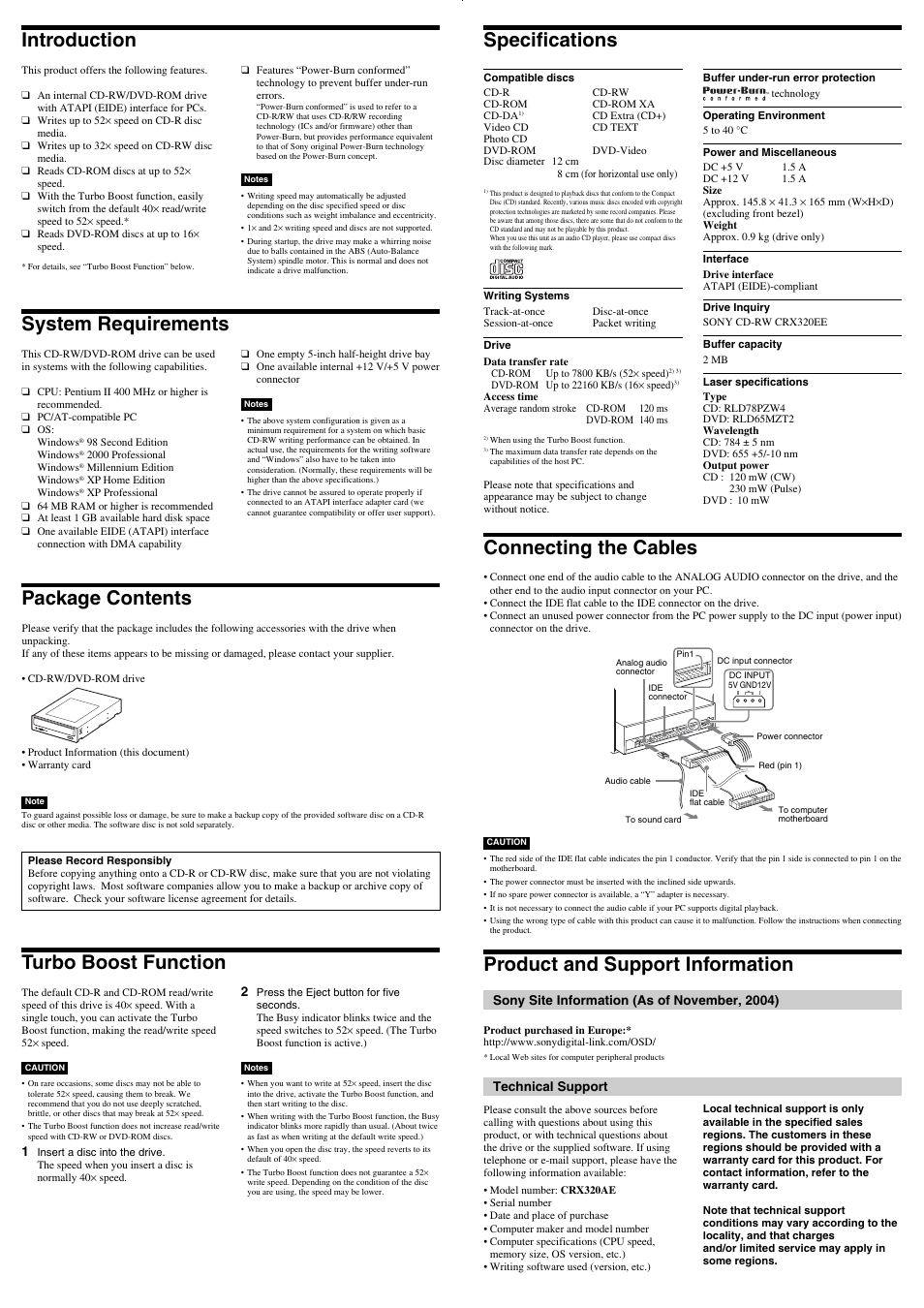 Package contents, System requirements, Introduction | Specifications, Turbo boost function, Product and support information, Connecting the cables | Sony CRX320EE User Manual | Page 2 / 2