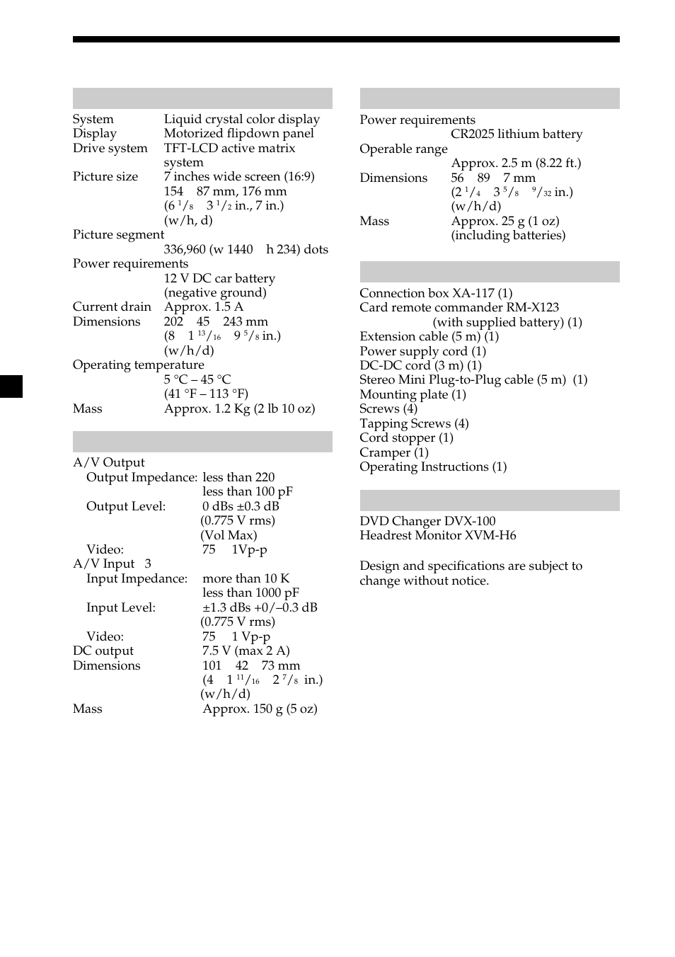 Specifications, 20 specifications | Sony XVM-R75 User Manual | Page 20 / 64