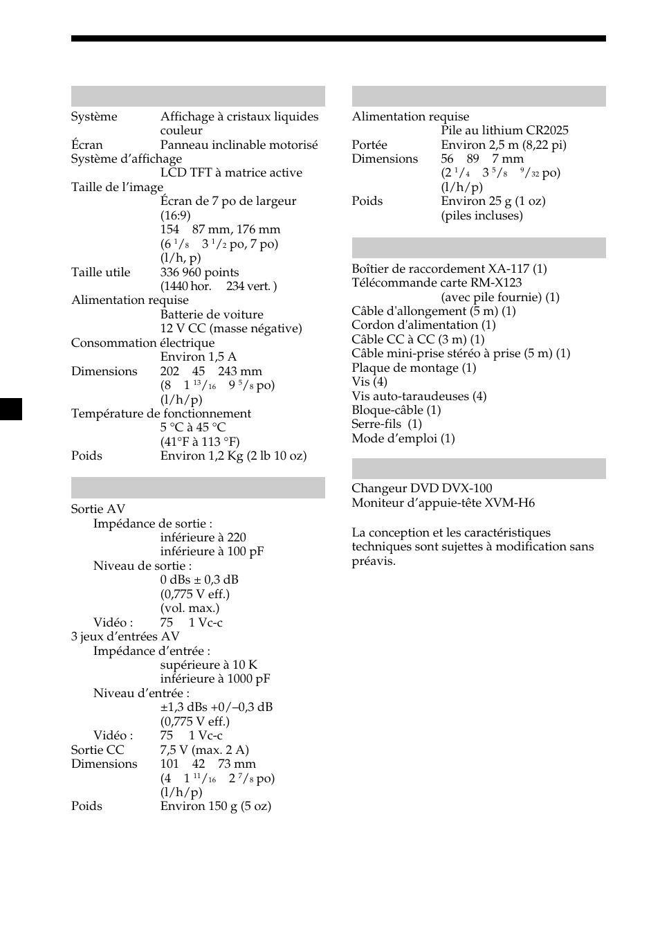 Caractéristiques techniques, 20 caractéristiques techniques | Sony XVM-R75 User Manual | Page 40 / 64