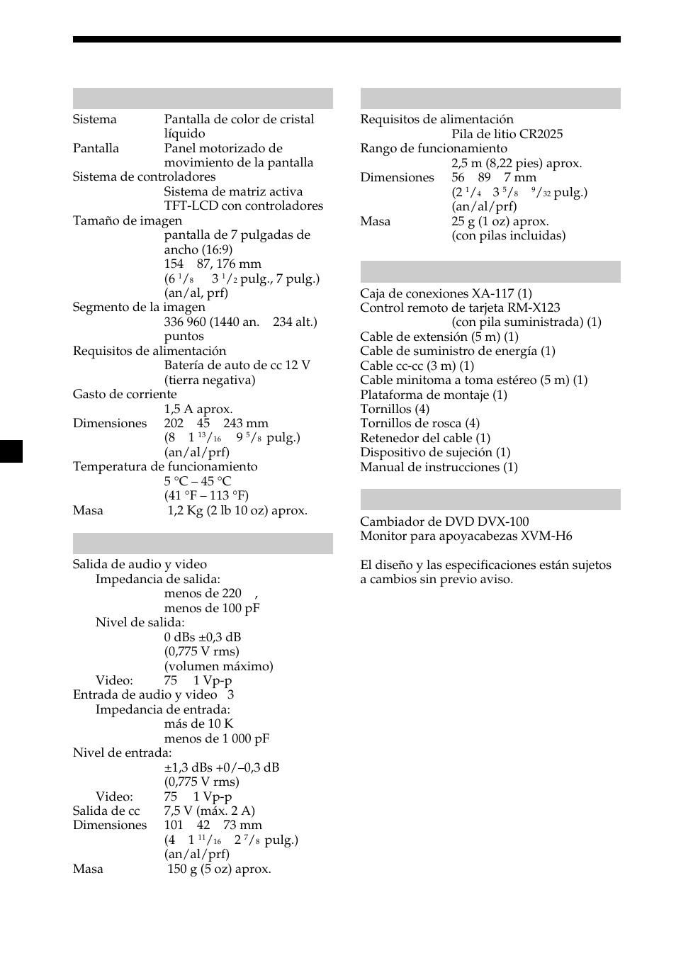 Especificaciones, 20 especificaciones | Sony XVM-R75 User Manual | Page 60 / 64