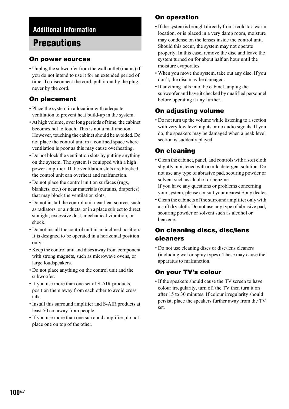 Additional information, Precautions | Sony 3-299-549-12(1) User Manual | Page 100 / 127