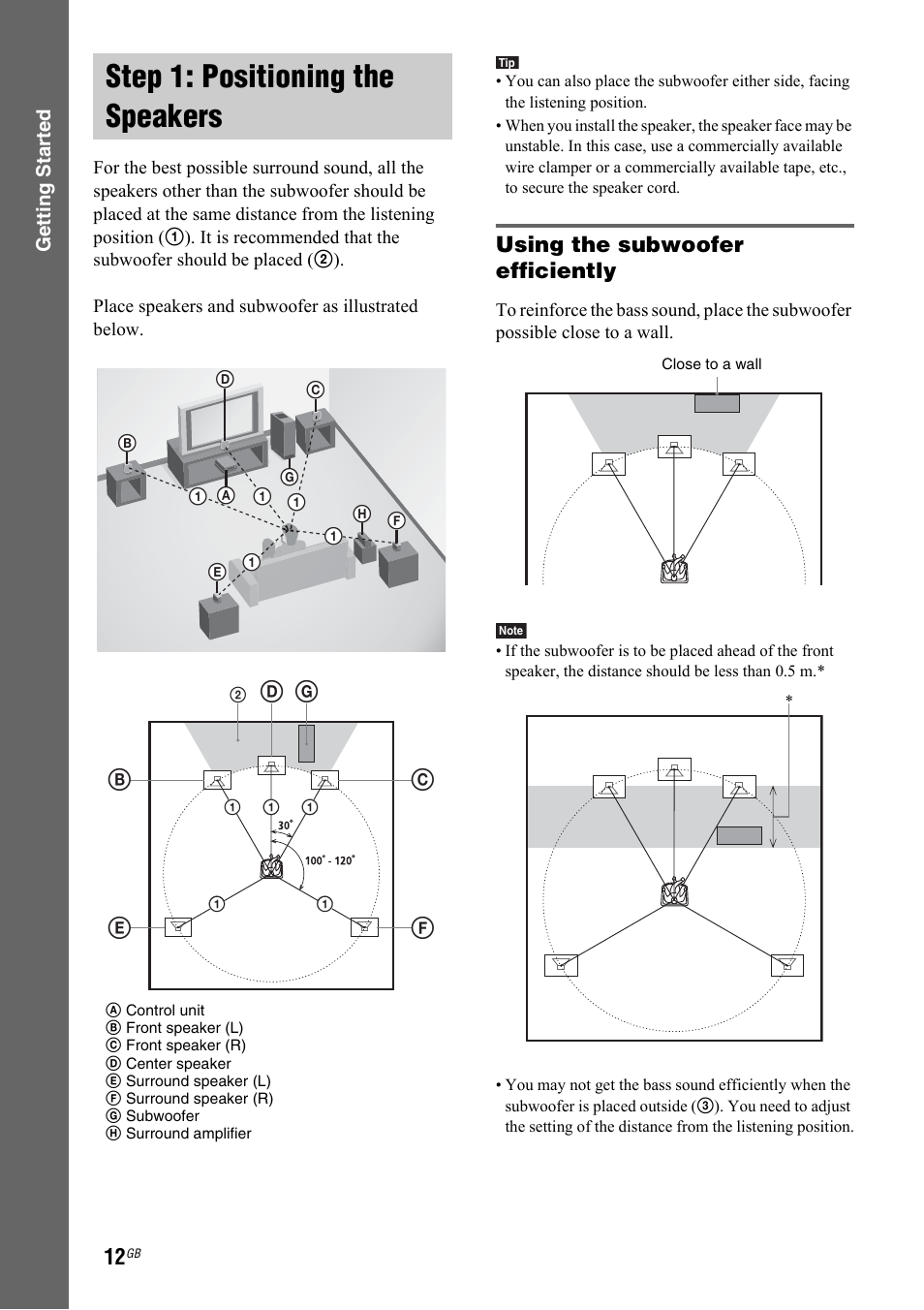 Step 1: positioning the speakers, Using the subwoofer efficiently | Sony 3-299-549-12(1) User Manual | Page 12 / 127