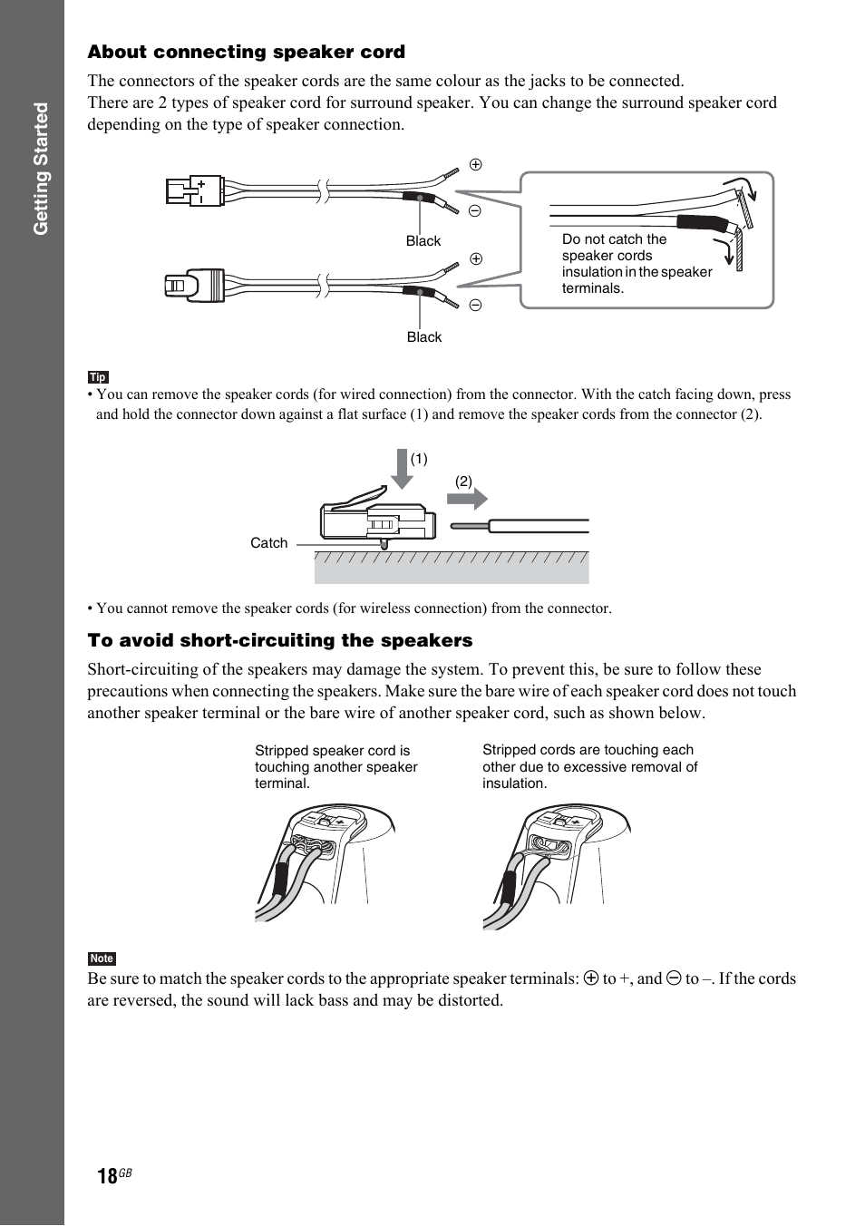 Getting star ted about connecting speaker cord | Sony 3-299-549-12(1) User Manual | Page 18 / 127