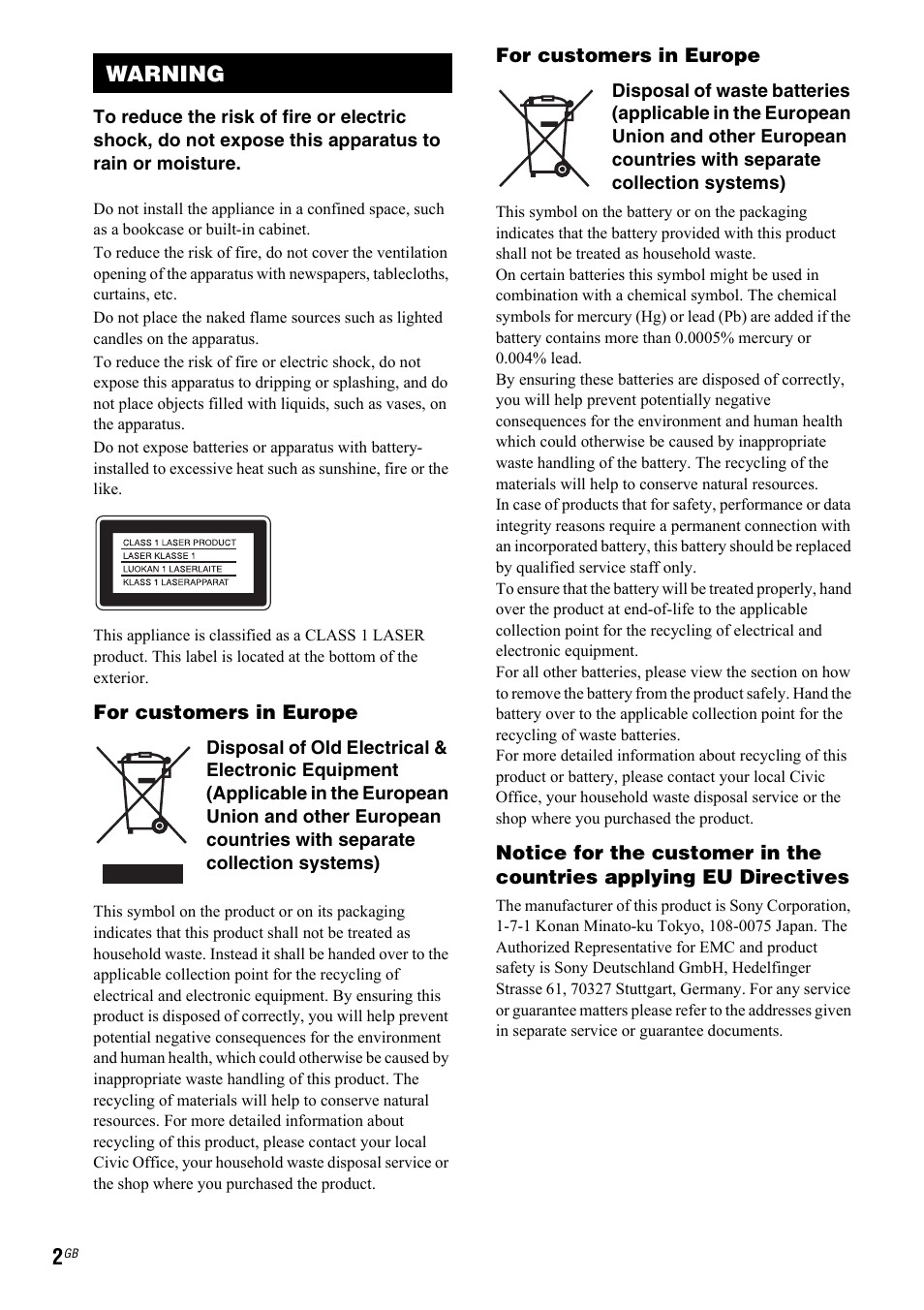 Warning | Sony 3-299-549-12(1) User Manual | Page 2 / 127