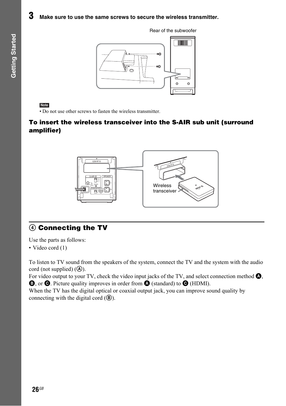 4connecting the tv, Getting star ted | Sony 3-299-549-12(1) User Manual | Page 26 / 127