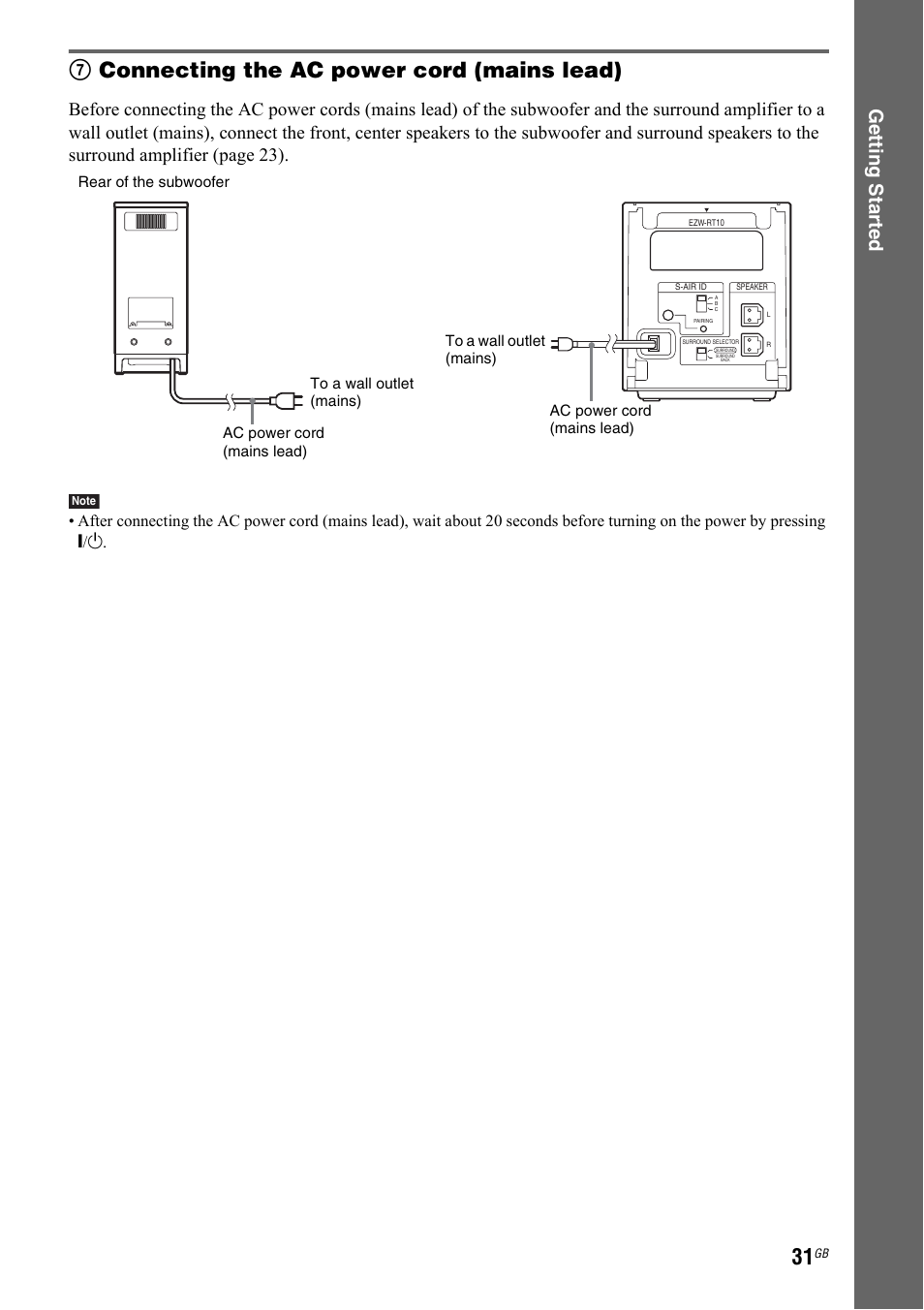 7connecting the ac power cord (mains lead), Getting star ted | Sony 3-299-549-12(1) User Manual | Page 31 / 127