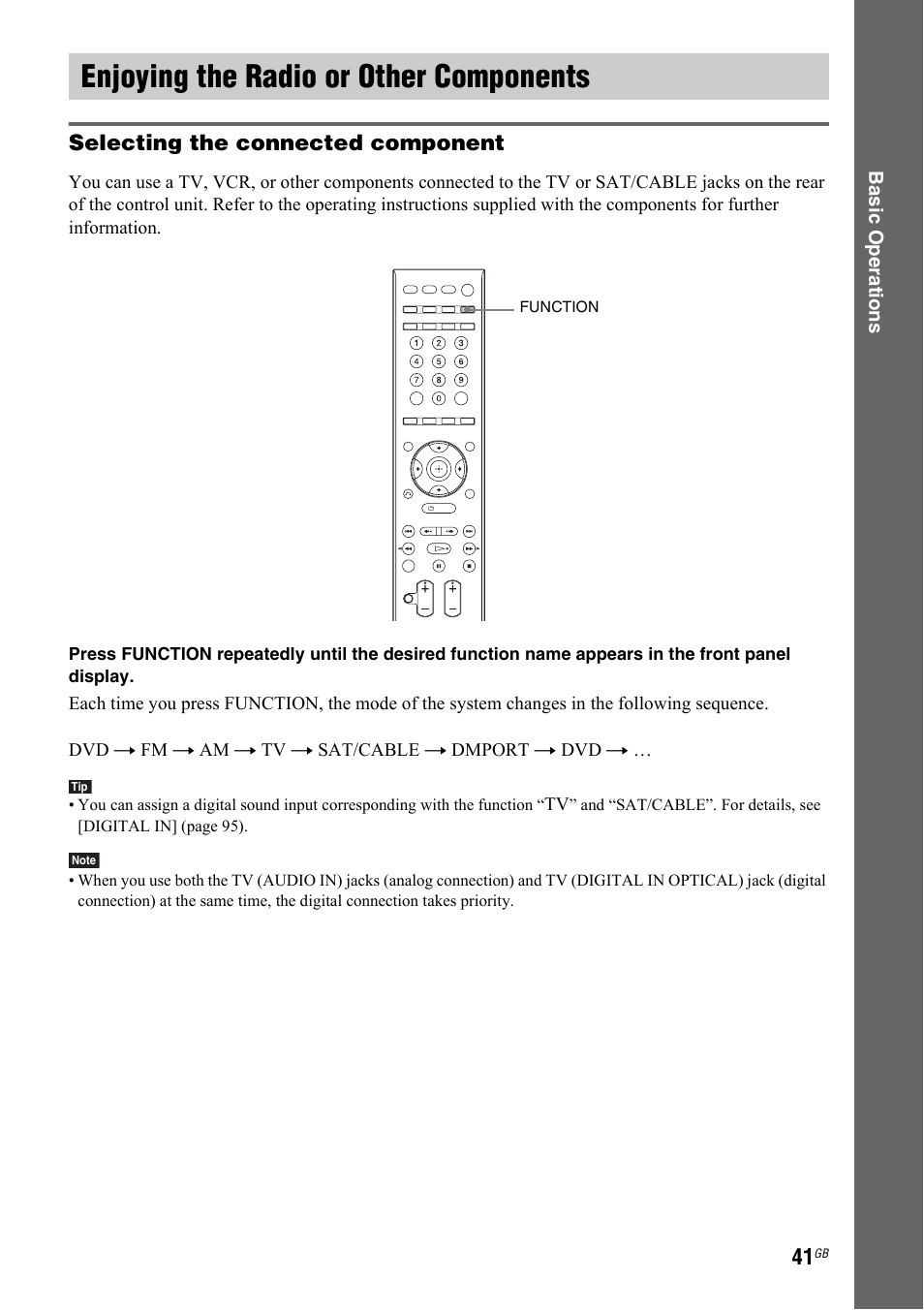 Enjoying the radio or other components, Enjoying the radio or other, Components | Selecting the connected component | Sony 3-299-549-12(1) User Manual | Page 41 / 127