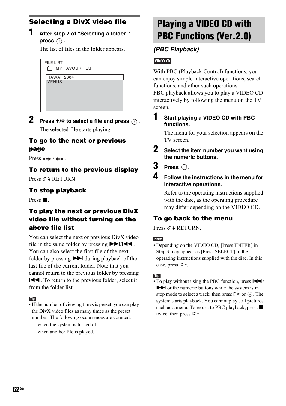 Playing a video cd with pbc functions (ver.2.0), Pbc playback), Playing a video cd with pbc | Functions (ver.2.0) (pbc playback) | Sony 3-299-549-12(1) User Manual | Page 62 / 127
