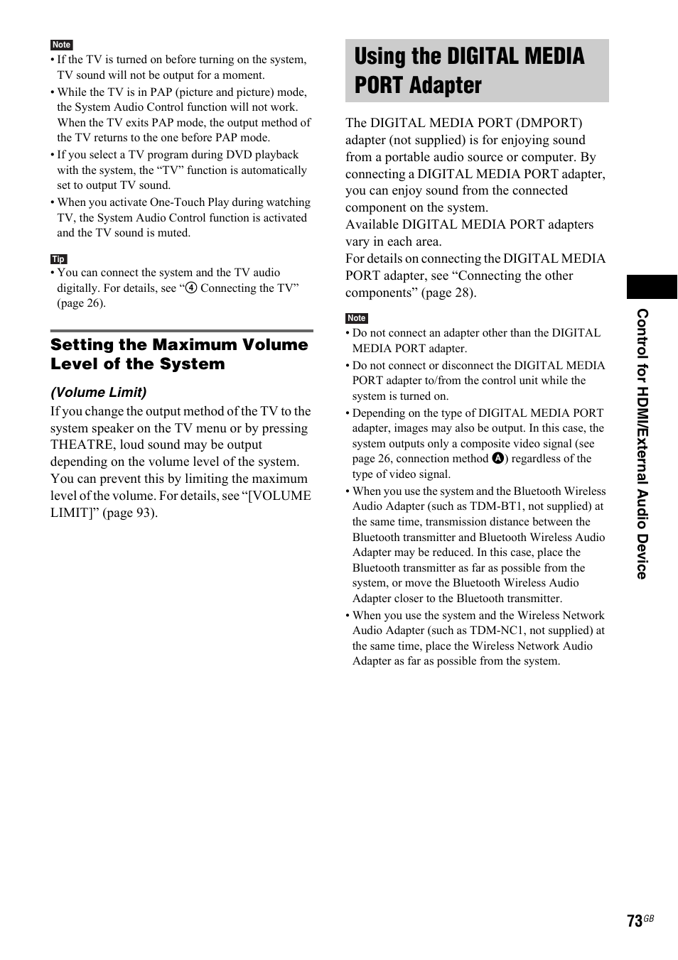 Volume limit), Using the digital media port adapter, Using the digital media port | Adapter, Setting the maximum volume level of the system | Sony 3-299-549-12(1) User Manual | Page 73 / 127