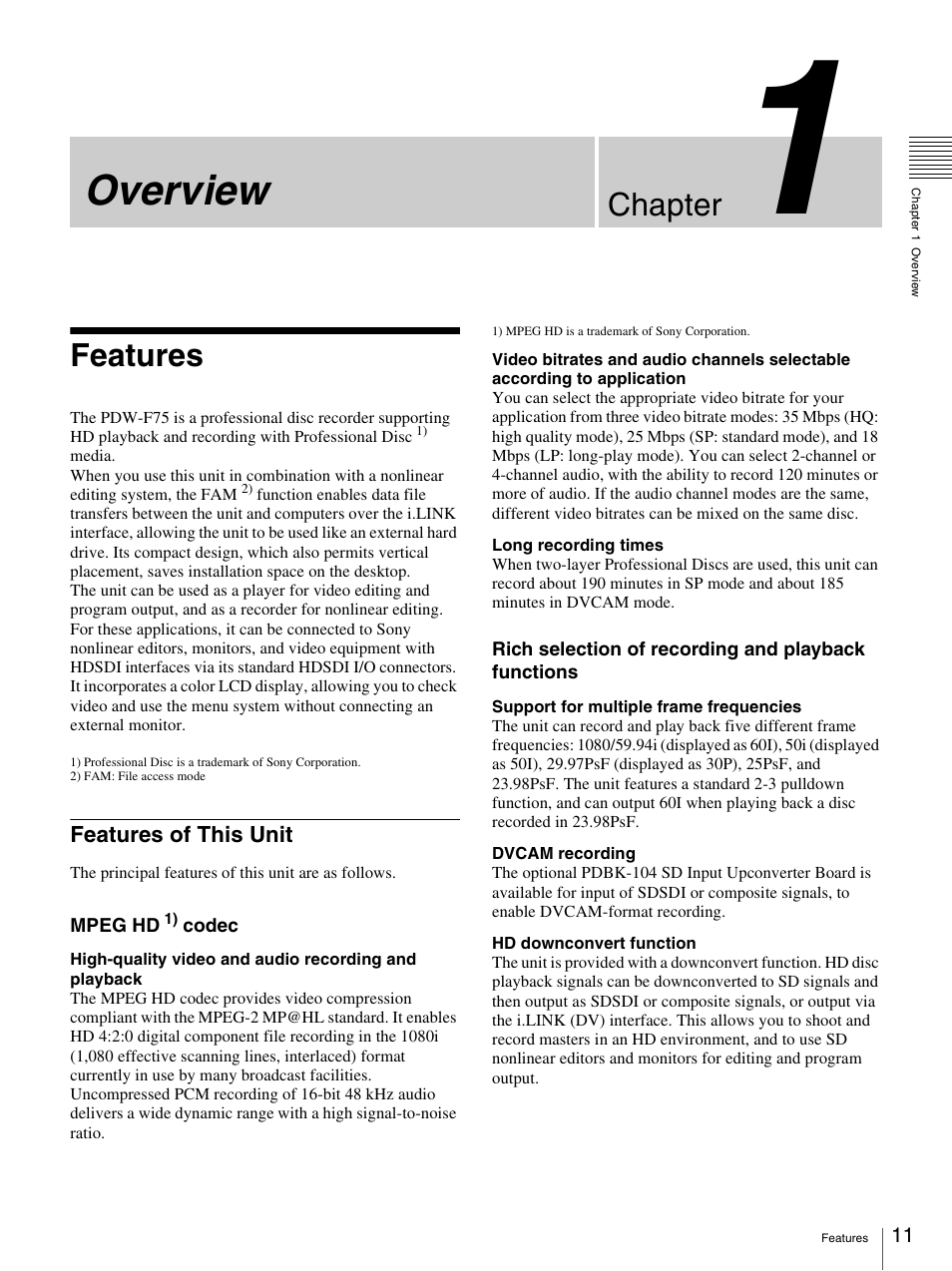 Chapter 1 overview, Features, Features of this unit | Overview, Chapter | Sony 3-270-589-12 (1) User Manual | Page 11 / 135