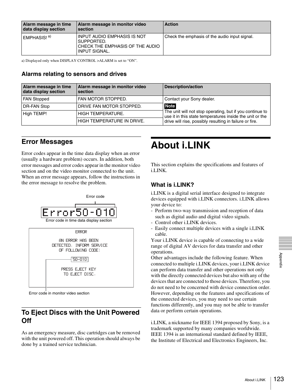 Error messages, To eject discs with the unit powered off, About i.link | Alarms relating to sensors and drives, What is i.link | Sony 3-270-589-12 (1) User Manual | Page 123 / 135